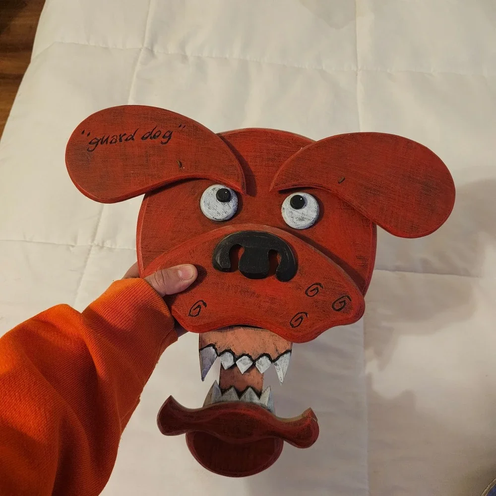 Rare Folk art‎ wooden Guard Dog Wall Decor Red Whimsical Rustic Mouth Open Teeth